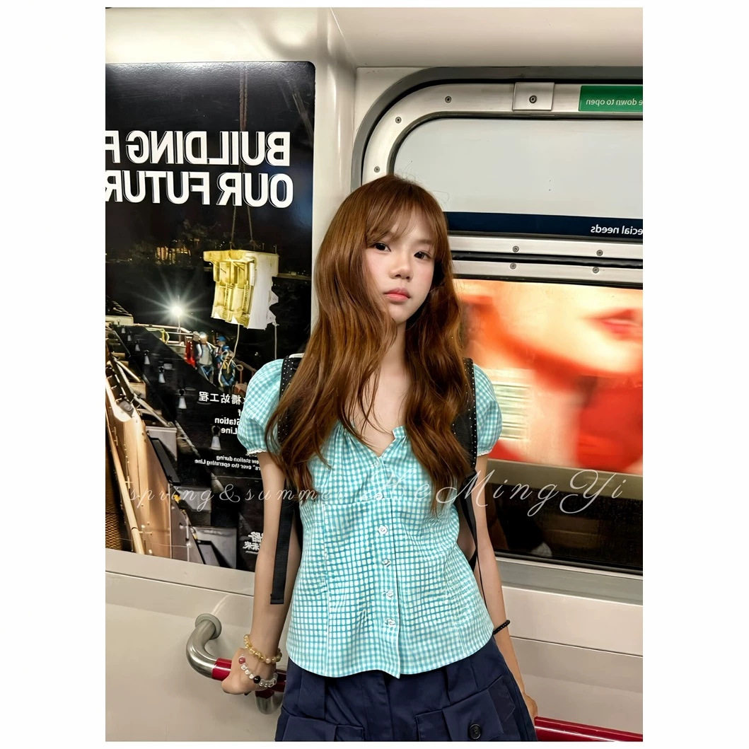 夏季清新甜美风格纹设计感短袖衬衫女韩系显瘦百搭龄洋气上衣潮