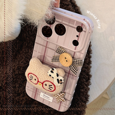 AceCase紫格纹毛绒猫咪iphone16苹果17promax适用15手机壳14复古13防摔12卡通11