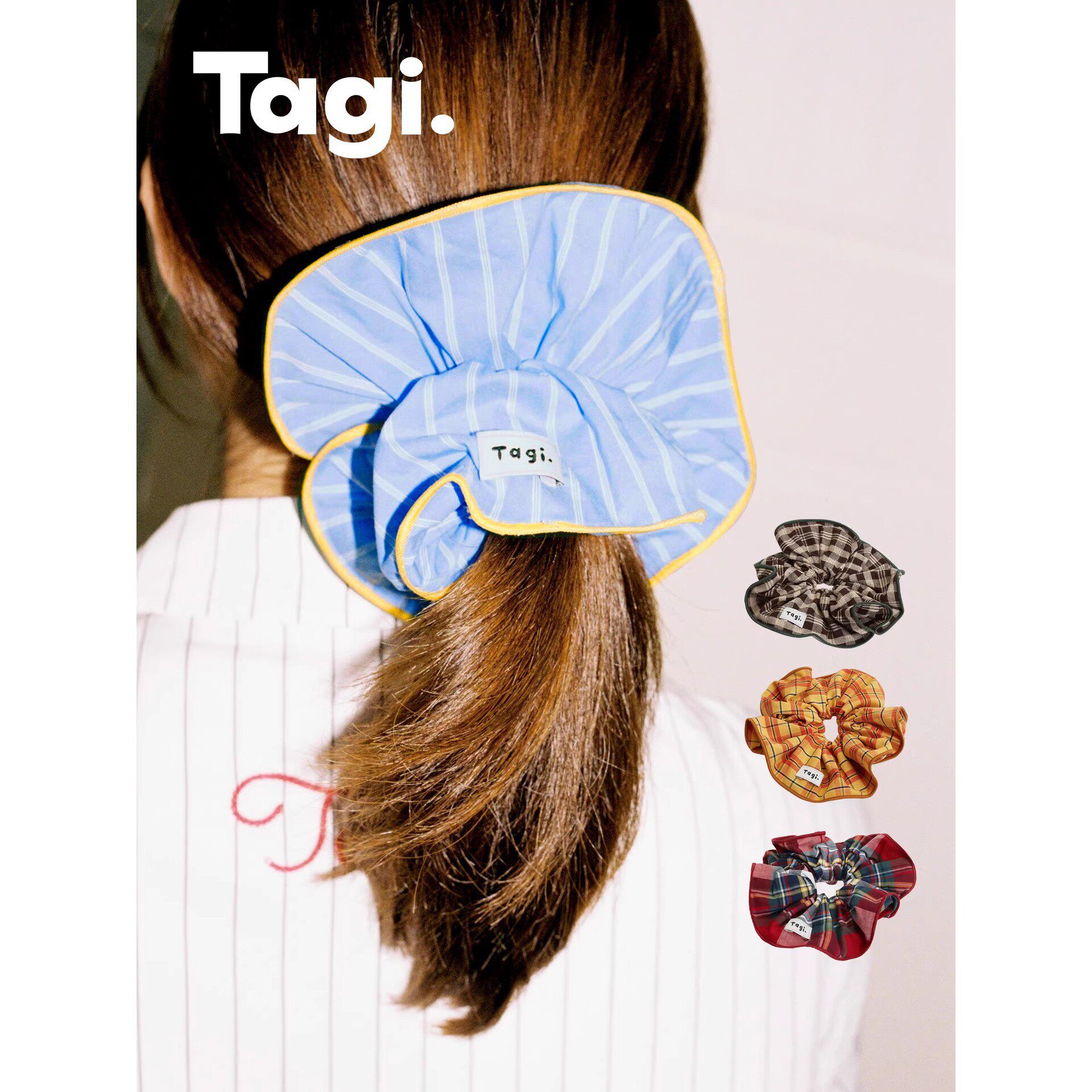 Tagi.画家甜甜圈拷边条纹格纹拼色层大肠发圈发饰头饰编织百搭