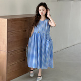 女童夏季无袖格子连衣裙2025新款女大童夏季背心裙儿童夏天棉布裙，童装连衣裙，祺妙童装