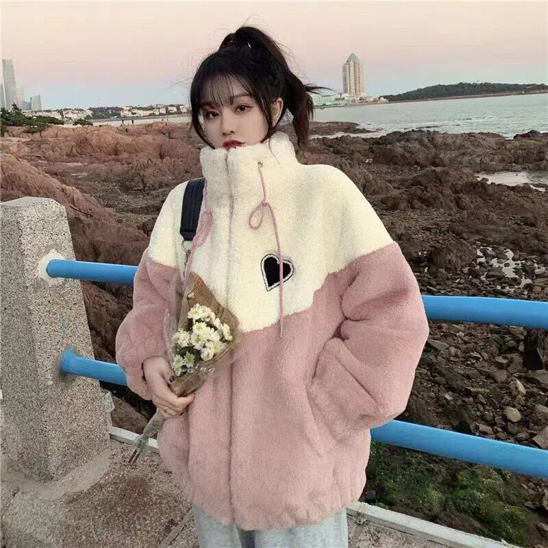 羊羔绒外套女秋冬装2025新款初中中学生韩版宽松加厚拼接棉服潮