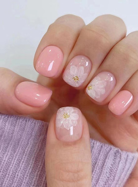 白色冰茶花金色闪粉温柔气质甜美显白欧美ins风假指甲成品美甲片