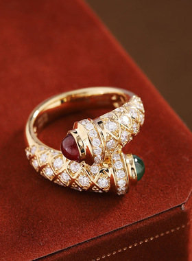 vintage中古珠琉璃戒指 法式复古重工镀金微镶满钻古董彩戒指