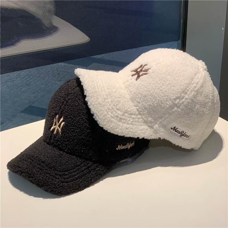 MLBLEATOO羊羔毛韩版字母刺绣棒球帽子女秋冬保暖百搭加厚鸭舌帽