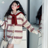 女童秋冬加厚韩版条纹长款连帽针织开衫裙重大童春秋披肩毛衣外套，童装毛衣，祺儿童装