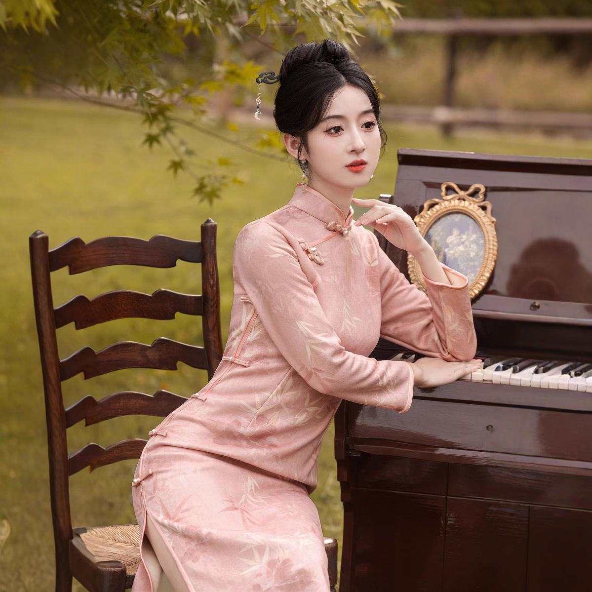 秋冬款淑女气质麂皮绒加绒显瘦旗袍2024新款日常通勤长款旗袍裙