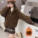 女童加厚外套2025秋冬新款可爱小熊耳朵毛毛衣中大童休闲连帽棉服，童装外套，祺儿童装