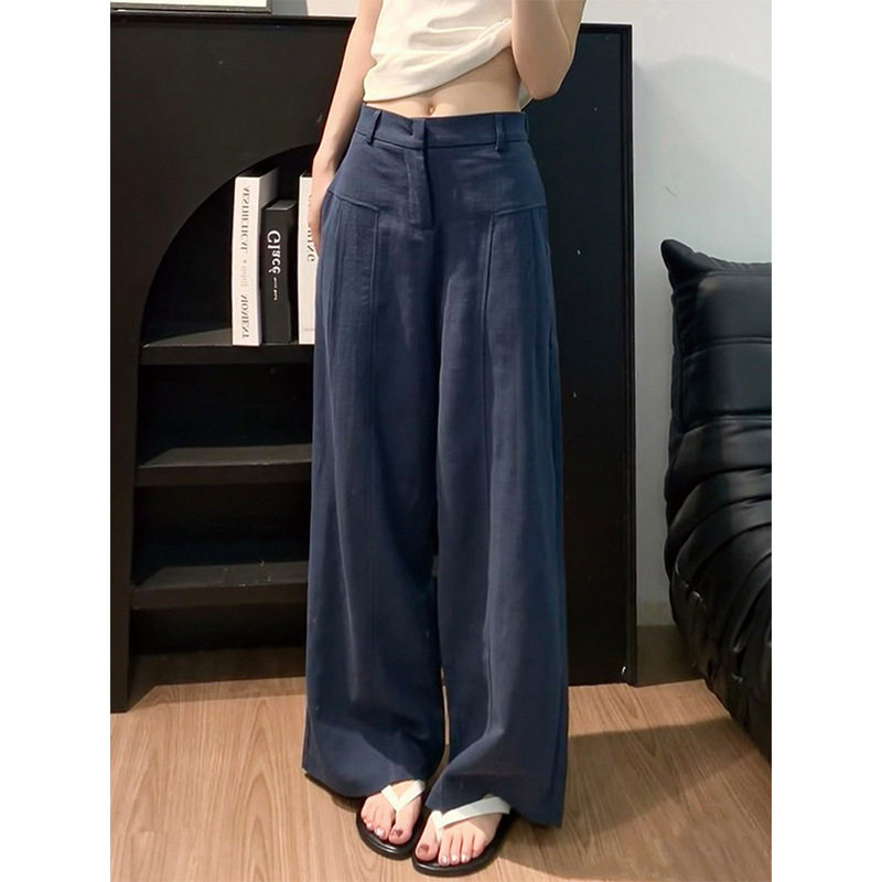 亚麻苎麻质感阔腿裤女2025秋款老钱风西装直筒棉麻休闲裤