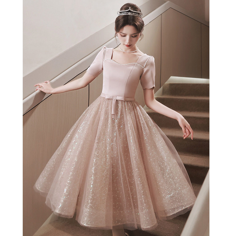 粉色礼服女宴会气质轻奢小个子平时可穿秋季敬酒服新娘订婚连衣裙