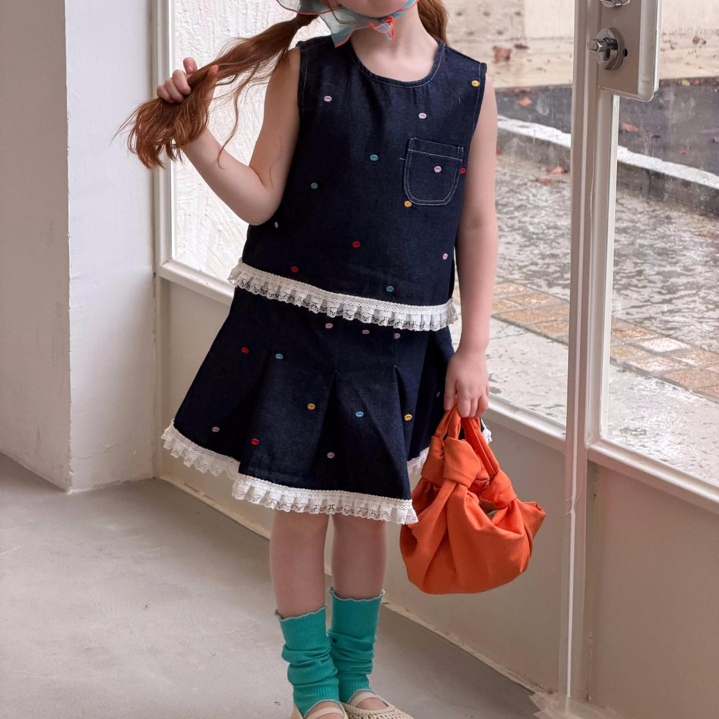 夏装新韩系童装2026夏季新款女童套装刺绣拼色牛仔短裙背心两件套