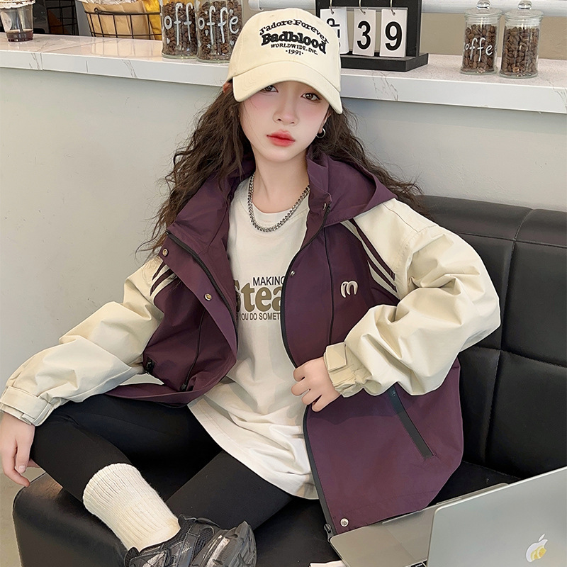 女童拼色外套2025新款女大童春秋款连帽冲锋衣儿童女秋装洋气上衣，童装外套，祺妙童装