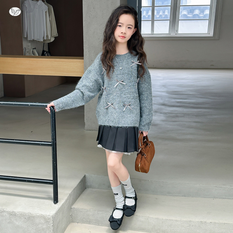女童春秋毛衣2025新款蝴蝶结针织衫中大童百搭打底衫长袖上衣秋装，童装毛衣，祺儿童装