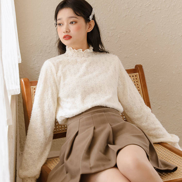 半领钩花镂空长袖蕾丝打底衫女装蕾丝衫/雪纺衫