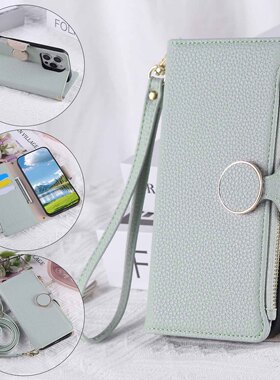 适用小米13Lite手机壳pocoM7Pro圆扣翻盖14TPro荔枝纹斜挎皮套15Ultra拉链包保护套12T挂绳皮壳K60 Ultra插卡