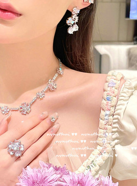 洛丽塔胭脂粉石花朵项链 美式精切镀18K金炫彩锆石小花耳夹耳环