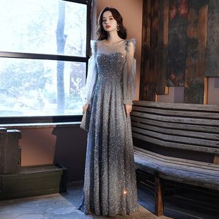 亮片晚礼服女2026新款气质长袖宴会主持人长款名媛超仙年会连衣裙