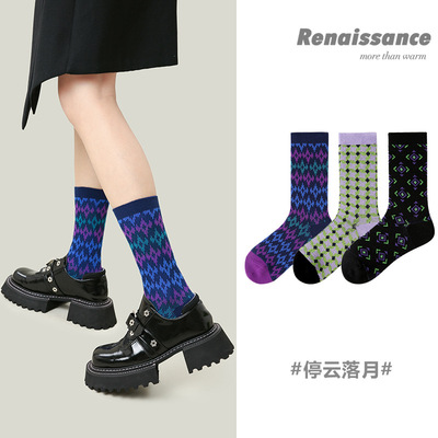 双针素色波点复古风女袜文艺复兴