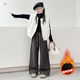 女童糯米裤加绒2025年秋冬新款中大童休闲阔腿裤纯色直筒长裤卫裤，童装裤子，祺儿童装