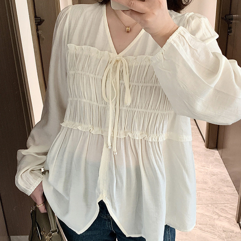 新款2026春装女装微胖韩版气质设计感系带V领长袖胖mm衬衫上衣女