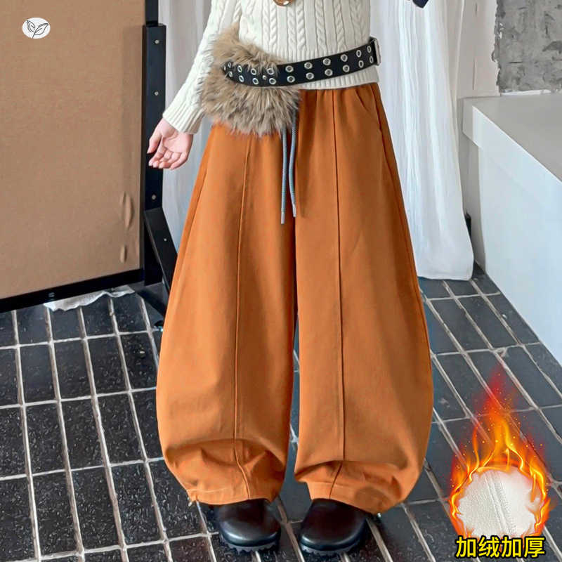 女童2025年冬季新款韩版简约大气三色气球裤女大童加绒修身弯刀裤，童装裤子，祺儿童装