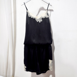 套装 黑色吊带短裤 100桑蚕丝睡衣家居服 重磅真丝睡衣两件套女 夏季