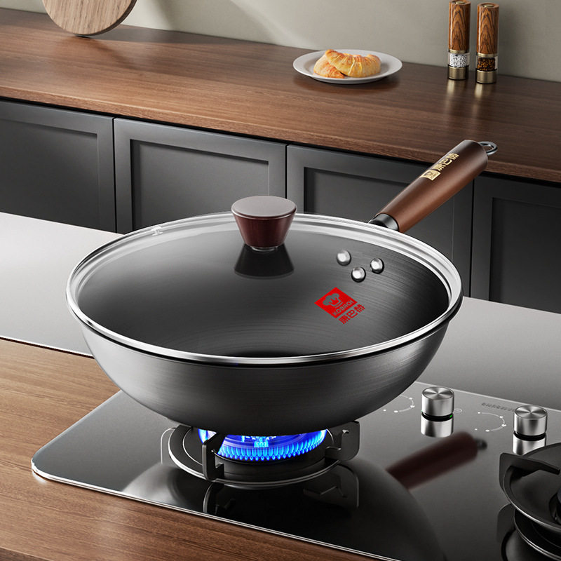 康巴赫精铁炒锅带盖无涂层家用炒菜不粘平底轻量化防锈老式铁锅