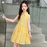 女童连衣裙夏季2025新款洋气无袖衬衫裙中大童polo领中长裙儿童潮，童装连衣裙，祺儿童装