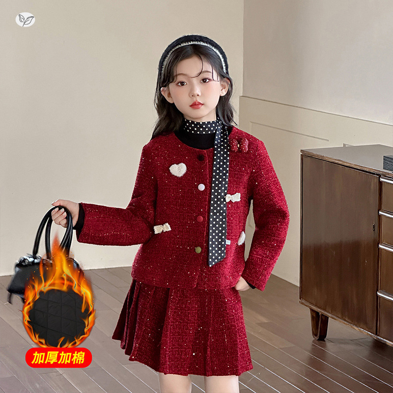 女童2025年秋冬新款小香风儿童洋气冬装套装中大童女孩加绒半身裙，童装休闲套装，祺儿童装