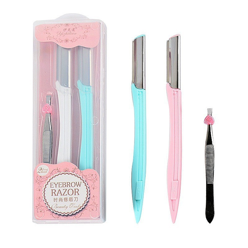 爆款美妆工具修眉刀眉夹3件套装 盒装刮眉毛刀片小镊子厂家