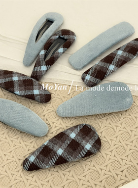 韩版复古简约蓝色系格纹布艺发夹网红气质刘海夹侧边bb夹百搭发卡