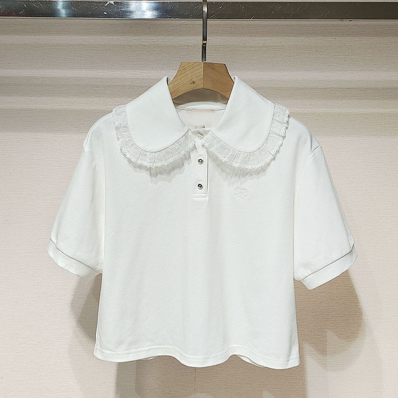 2025夏女装 R122402C白色蕾丝花边娃娃领宽松短款五分袖T恤上衣