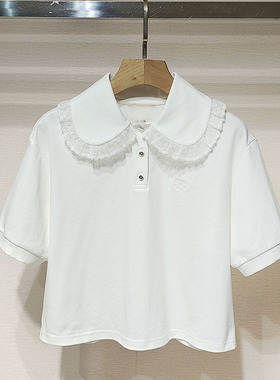2025夏女装 R122402C白色蕾丝花边娃娃领宽松短款五分袖T恤上衣