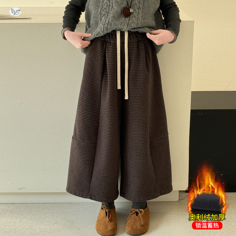 女童加绒加厚呢子裤2025年秋冬新款格子阔腿裤中大儿童直筒九分裤，童装裤子，祺儿童装