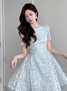 2025夏季新款女装法式龄圆领泡泡袖收腰显瘦a字蕾丝连衣裙45224