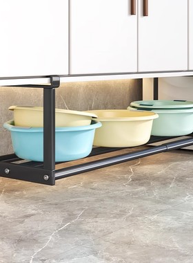 盆子收纳架浴室柜下悬挂洗脸盆置物架子卫生间伸缩脸盆架挂盆神器