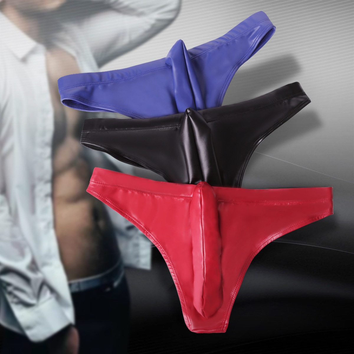 魅色NK19乳胶氨PU小三角皮内裤枪蛋分离内裤JJ套内衣性感三角裤
