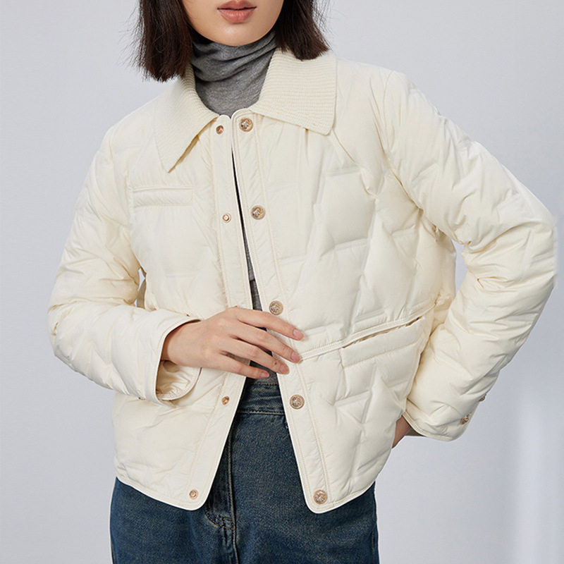 秋冬羽绒服轻薄款女新款针织翻领短款妈妈装90绒鸭绒小香风外套