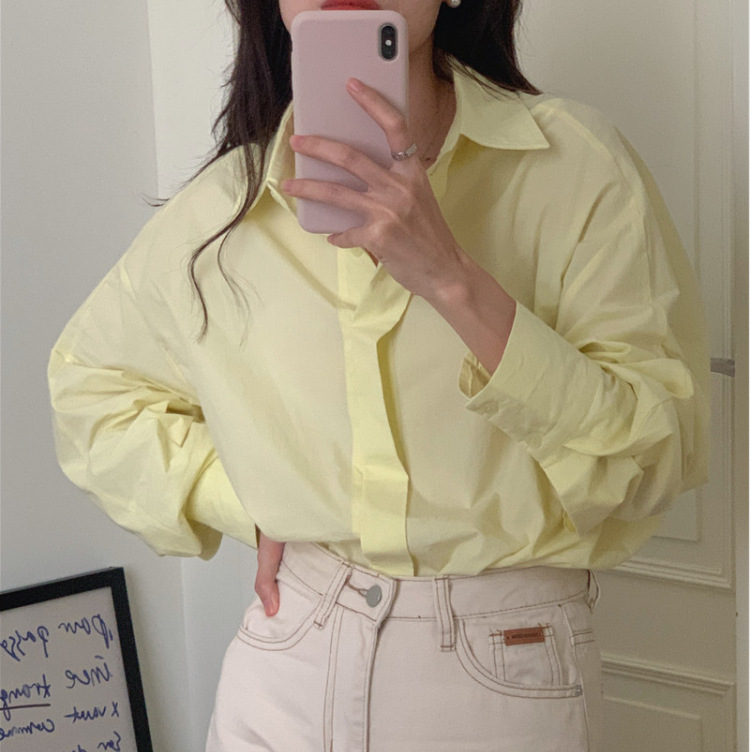 韩版宽松纯色长袖衬衫女秋季设计感翻领中长款开衫上衣