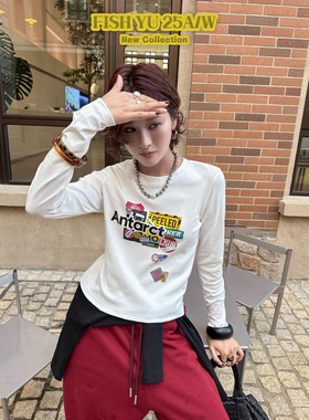 FISHYU 秋季新款美式复古字母彩拔撞色印花修身磨毛短款长袖T恤女