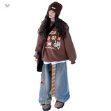 女童2025年冬季新款字母涂鸦卫衣蘑菇刺绣牛仔裤套装女大童加绒款，童装休闲套装，祺儿童装