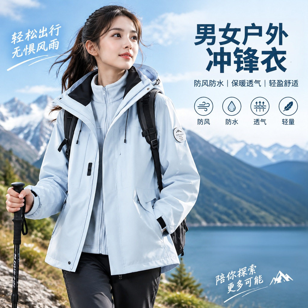 运动户外冲锋衣外套女2026春秋新款户外防风防水秋冬旅行粉色夹克