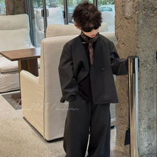 小杰家2025秋季新款男童个性宽松休闲西服套装中大通小众西装