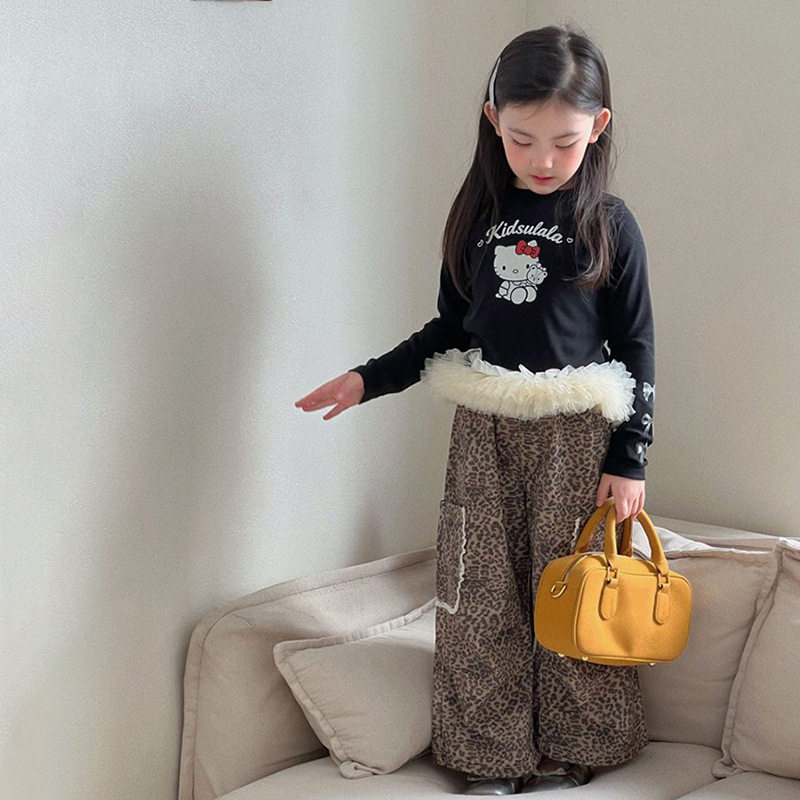 女童2026新款春秋季拼接网纱卡通上衣百搭豹纹休闲裤洋气两件套潮,童装/婴儿装/亲子装,套装,淘宝优惠券,粉丝福利购,淘宝优惠卷