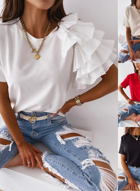 Fashionable ruffled short sleeved round neck women's T-shirt