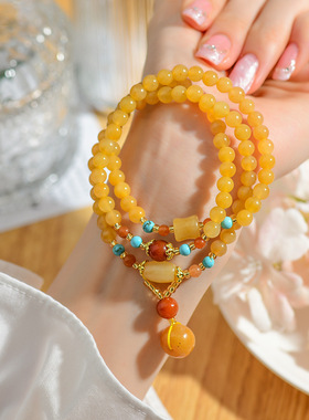 新疆金丝玉多圈手串平安扣吊坠新中式国潮民族风佛珠念珠手链