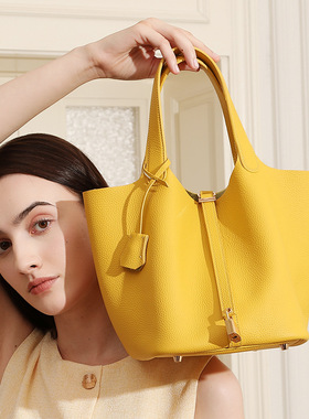 加大号品质真皮菜篮子TC头层牛皮小众级感精致手提水桶包女包