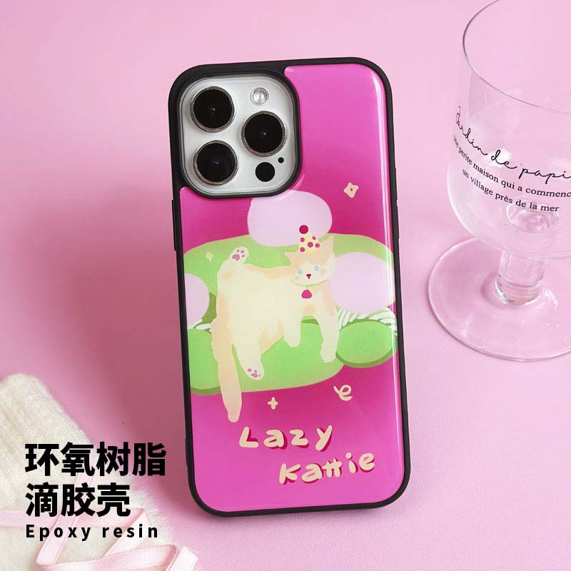 苹果手机壳iPhone16pro滴胶壳15Promax苹果13手机壳卡通粉色 创意慵懒小猫图案手机壳