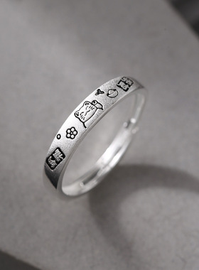 925纯银招财猫戒指女简约新中式国风设计招财纳福推拉指环J5036