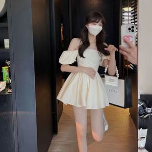 网红新款 收腰显瘦甜美风短裙子 两穿一字肩黑色泡泡袖 连衣裙女夏季