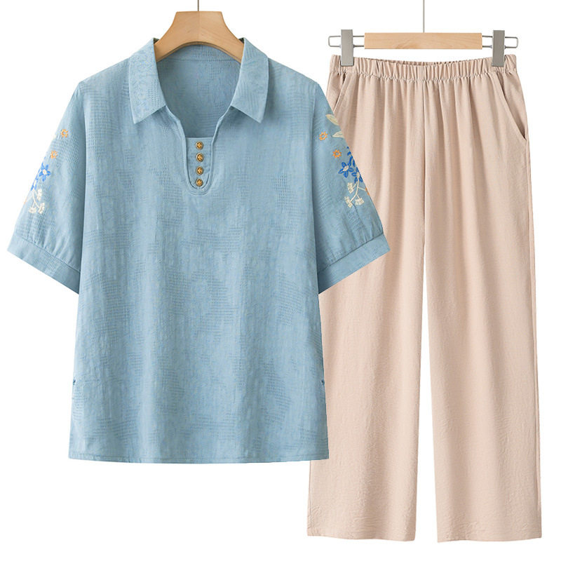 妈妈衬衫领上衣夏季短袖刺绣棉麻T恤中老年宽松休闲衣服女款套装